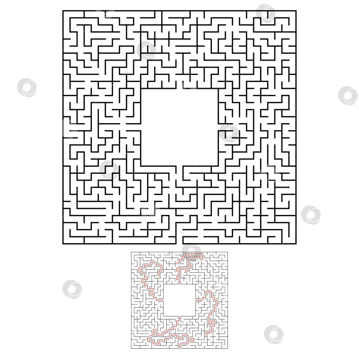 Скачать Черный квадратный лабиринт с входом и выходом. Интересная и полезная игра для детей. Простая плоская векторная иллюстрация, выделенная на белом фоне. С местом для ваших рисунков. С ответом. фотосток Ozero