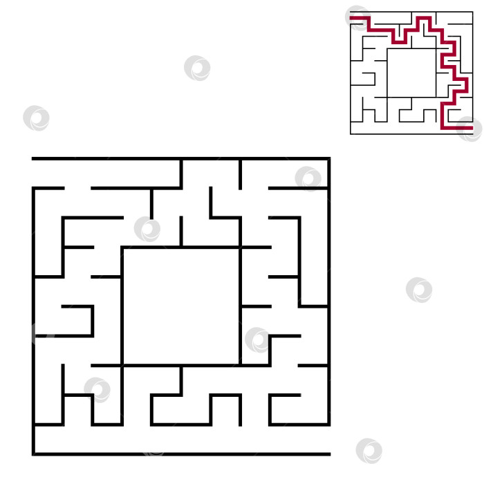 Скачать Черный квадратный лабиринт с входом и выходом. Интересная и полезная игра для детей. Простая плоская векторная иллюстрация, выделенная на белом фоне. С местом для ваших рисунков. С ответом. фотосток Ozero