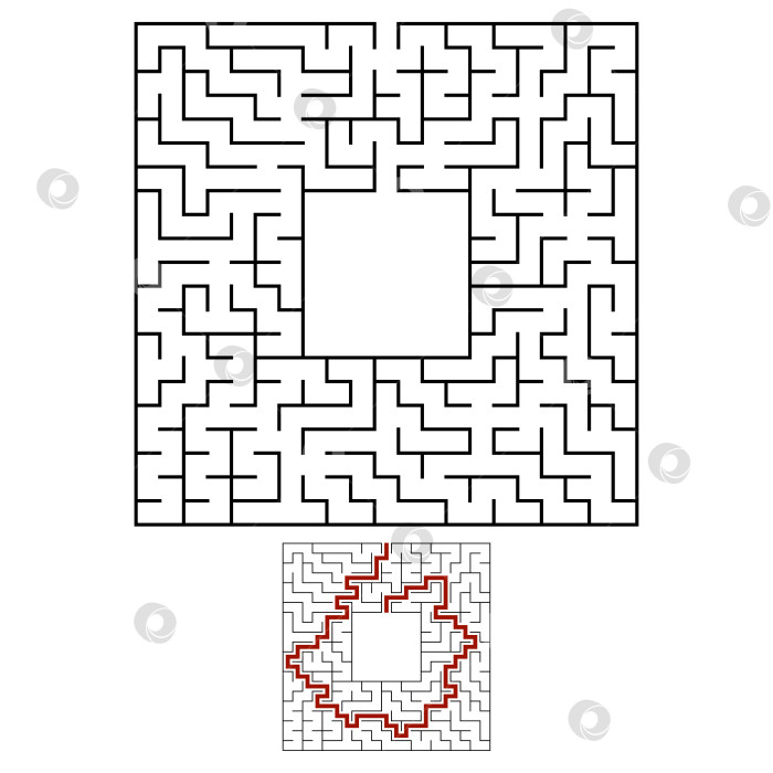 Скачать Черный квадратный лабиринт с входом и выходом. Интересная и полезная игра для детей. Простая плоская векторная иллюстрация, выделенная на белом фоне. С местом для ваших рисунков. С ответом. фотосток Ozero