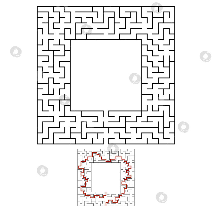 Скачать Черный квадратный лабиринт с входом и выходом. Интересная и полезная игра для детей. Простая плоская векторная иллюстрация, выделенная на белом фоне. С местом для ваших рисунков. С ответом. фотосток Ozero