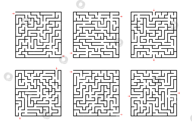 Скачать Набор квадратных лабиринтов. Игра для детей. Головоломка для детей. Головоломка-лабиринт. Плоская векторная иллюстрация, изолированная на белом фоне. фотосток Ozero