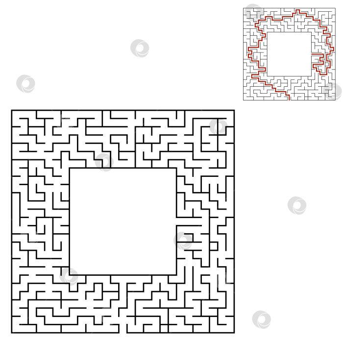 Скачать Черный квадратный лабиринт с входом и выходом. Интересная и полезная игра для детей. Простая плоская векторная иллюстрация, выделенная на белом фоне. С местом для ваших рисунков. С ответом. фотосток Ozero