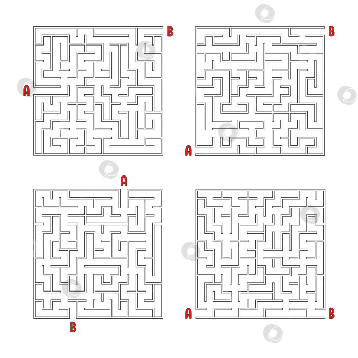 Скачать Набор квадратных лабиринтов. Игра для детей. Головоломка для детей. Головоломка-лабиринт. Плоская векторная иллюстрация, изолированная на белом фоне. фотосток Ozero