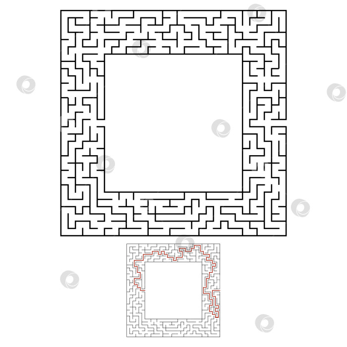 Скачать Черный квадратный лабиринт с входом и выходом. Интересная и полезная игра для детей. Простая плоская векторная иллюстрация, выделенная на белом фоне. С местом для ваших рисунков. С ответом. фотосток Ozero