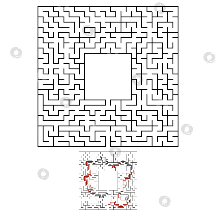 Скачать Черный квадратный лабиринт с входом и выходом. Интересная и полезная игра для детей. Простая плоская векторная иллюстрация, выделенная на белом фоне. С местом для ваших рисунков. С ответом. фотосток Ozero