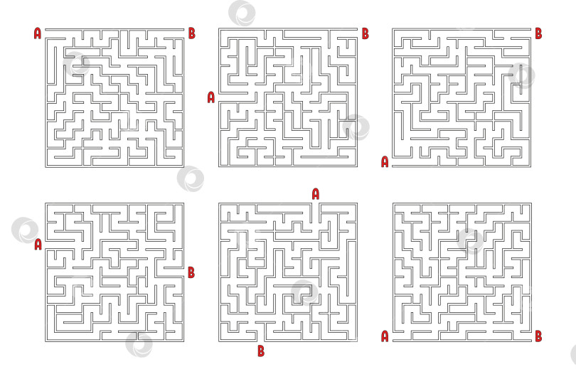 Скачать Набор квадратных лабиринтов. Игра для детей. Головоломка для детей. Головоломка-лабиринт. Плоская векторная иллюстрация, изолированная на белом фоне. фотосток Ozero