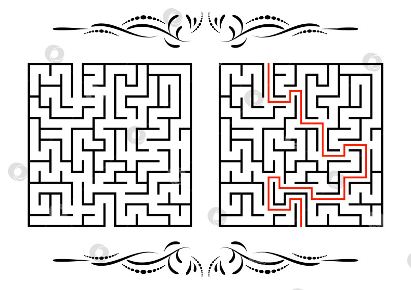 Скачать Абстрактный квадратный лабиринт. Игра для детей. Головоломка для детей. Один вход, один выход. Головоломка-лабиринт. Плоская векторная иллюстрация, изолированная на белом фоне. С ответом. С винтажной рамкой фотосток Ozero
