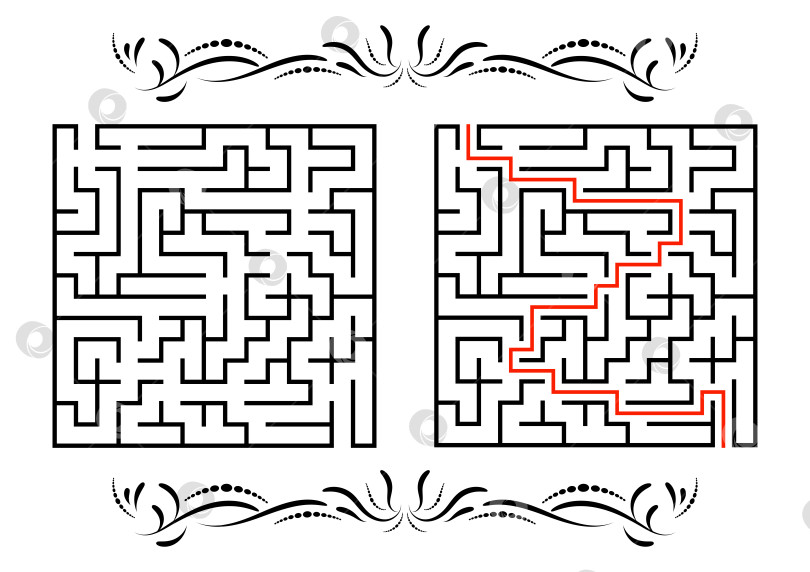 Скачать Абстрактный квадратный лабиринт. Игра для детей. Головоломка для детей. Один вход, один выход. Головоломка-лабиринт. Плоская векторная иллюстрация, изолированная на белом фоне. С ответом. С винтажной рамкой фотосток Ozero