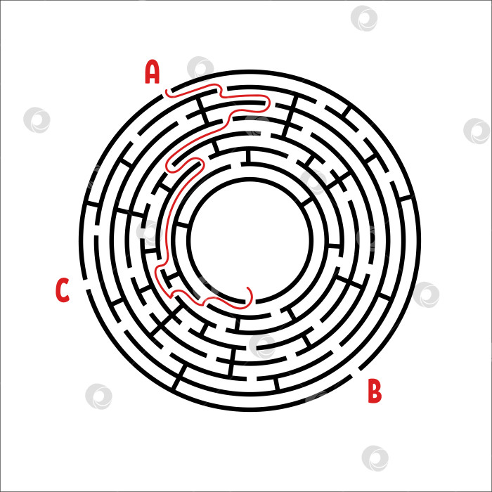 Скачать Черный круглый лабиринт. Игра для детей. Детская головоломка. Много входов, один выход. Головоломка-лабиринт. Простая плоская векторная иллюстрация, выделенная на белом фоне. С местом для вашего изображения. фотосток Ozero