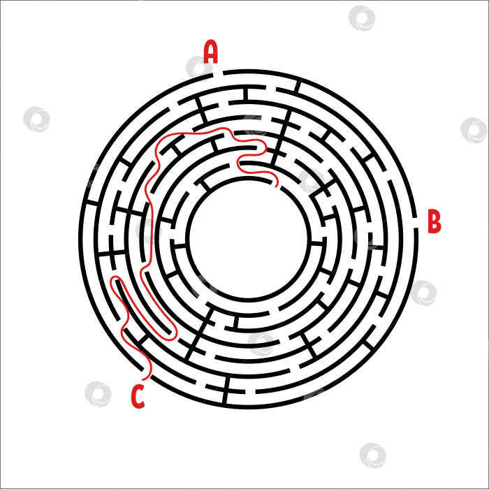 Скачать Черный круглый лабиринт. Игра для детей. Детская головоломка. Много входов, один выход. Головоломка-лабиринт. Простая плоская векторная иллюстрация, выделенная на белом фоне. С местом для вашего изображения. фотосток Ozero