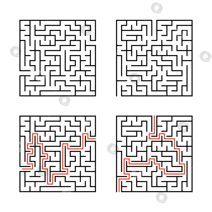 Скачать Набор квадратных лабиринтов. Игра для детей. Головоломка для детей. Головоломка-лабиринт. Плоская векторная иллюстрация, изолированная на белом фоне. С ответом. фотосток Ozero