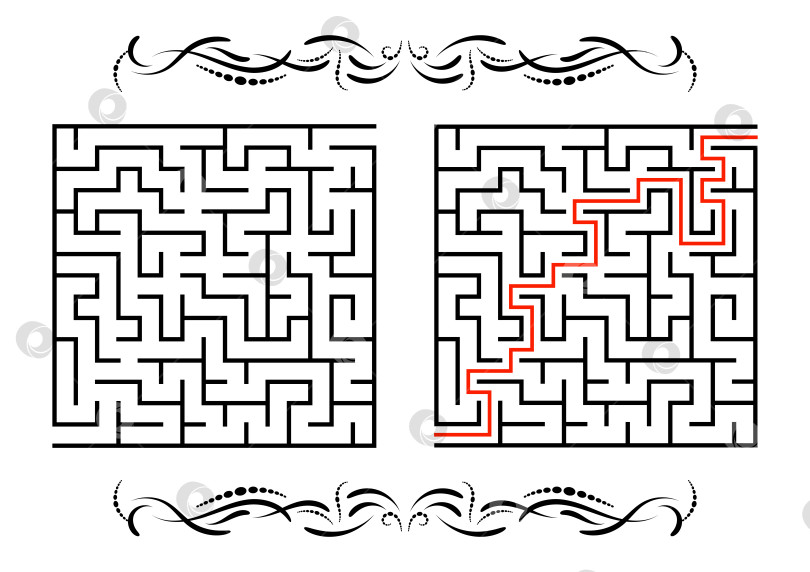 Скачать Абстрактный квадратный лабиринт. Игра для детей. Головоломка для детей. Один вход, один выход. Головоломка-лабиринт. Плоская векторная иллюстрация, изолированная на белом фоне. С ответом. С винтажной рамкой фотосток Ozero