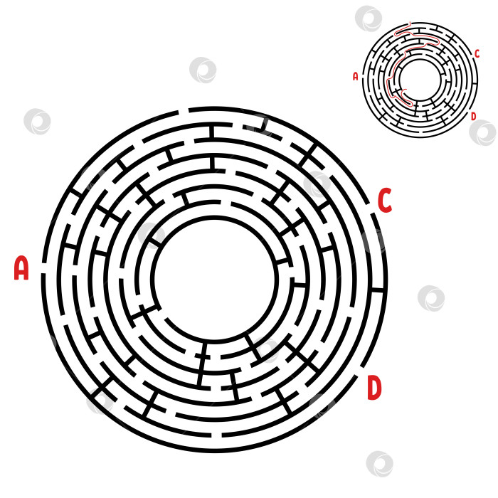 Скачать Абстрактный круглый лабиринт. Игра для детей. Головоломка для детей. Найдите правильный путь. Головоломка-лабиринт. Плоская векторная иллюстрация, изолированная на белом фоне. С ответом. С местом для вашего изображения. фотосток Ozero
