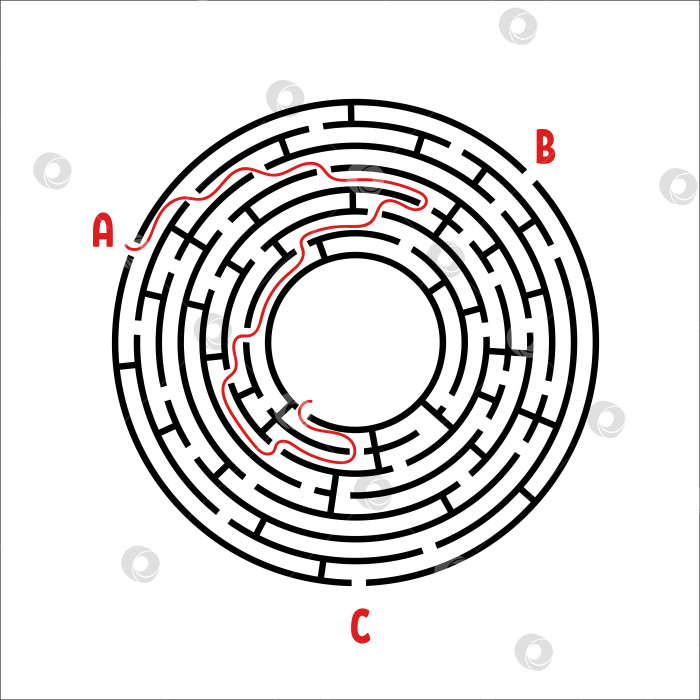 Скачать Черный круглый лабиринт. Игра для детей. Детская головоломка. Много входов, один выход. Головоломка-лабиринт. Простая плоская векторная иллюстрация, выделенная на белом фоне. С местом для вашего изображения. фотосток Ozero
