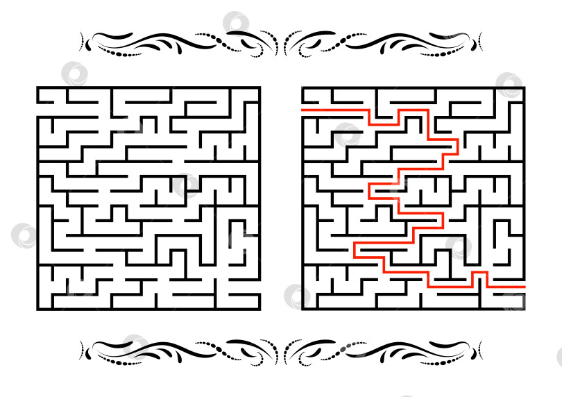 Скачать Абстрактный квадратный лабиринт. Игра для детей. Головоломка для детей. Один вход, один выход. Головоломка-лабиринт. Плоская векторная иллюстрация, изолированная на белом фоне. С ответом. С винтажной рамкой фотосток Ozero