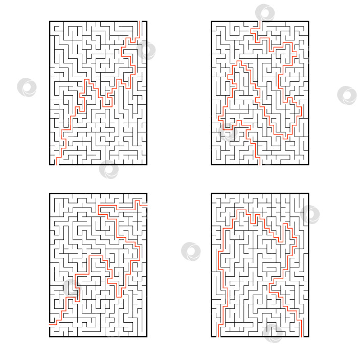 Скачать Набор прямоугольных лабиринтов. Игра для детей. Головоломка для детей. Головоломка-лабиринт. Плоская векторная иллюстрация, изолированная на белом фоне. С ответом. фотосток Ozero