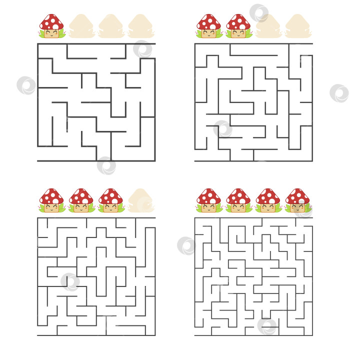Скачать Набор квадратных лабиринтов. Четыре уровня сложности. Симпатичные грибочки. Игра для детей. Один вход, один выход. Головоломка-лабиринт. Плоская векторная иллюстрация, изолированная на белом фоне. фотосток Ozero