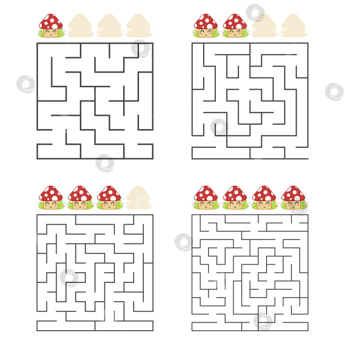 Скачать Набор квадратных лабиринтов. Четыре уровня сложности. Симпатичные грибочки. Игра для детей. Один вход, один выход. Головоломка-лабиринт. Плоская векторная иллюстрация, изолированная на белом фоне. фотосток Ozero