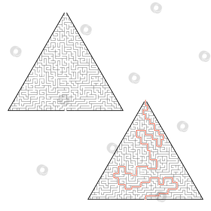 Скачать Сложный треугольный лабиринт. Игра для детей и взрослых. Головоломка для детей. Один вход, один выход. Головоломка-лабиринт. Плоская векторная иллюстрация, изолированная на белом фоне. С ответом. фотосток Ozero