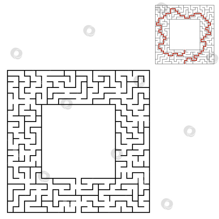 Скачать Черный квадратный лабиринт с входом и выходом. Интересная и полезная игра для детей. Простая плоская векторная иллюстрация, выделенная на белом фоне. С местом для ваших рисунков. С ответом. фотосток Ozero