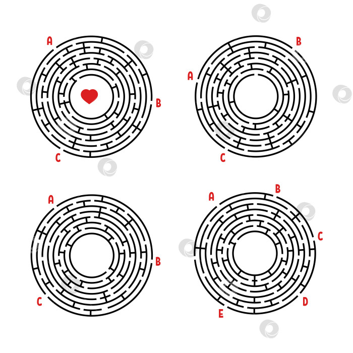 Скачать Набор круглых лабиринтов. Игра для детей. Головоломка для детей. Головоломка-лабиринт. Плоская векторная иллюстрация, изолированная на белом фоне. фотосток Ozero