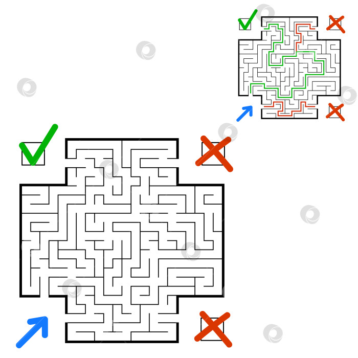 Скачать Абстрактный квадратный лабиринт. Найдите правильный путь. Игра для детей. Головоломка для детей. Головоломка-лабиринт. Плоская векторная иллюстрация, изолированная на белом фоне. С ответом. С местом для вашего изображения. фотосток Ozero