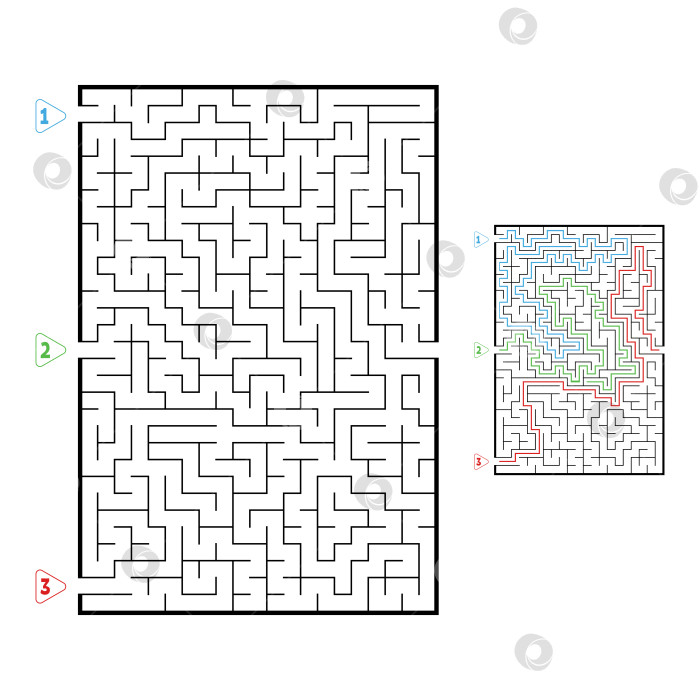 Скачать Абстрактный прямоугольный большой лабиринт. Игра для детей. Головоломка для детей. Три входа, один выход. Головоломка-лабиринт. Плоская векторная иллюстрация, изолированная на белом фоне. С ответом. фотосток Ozero