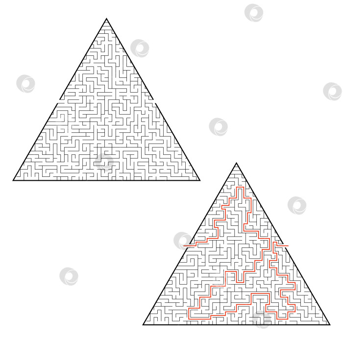 Скачать Сложный треугольный лабиринт. Игра для детей и взрослых. Головоломка для детей. Один вход, один выход. Головоломка-лабиринт. Плоская векторная иллюстрация, изолированная на белом фоне. С ответом. фотосток Ozero