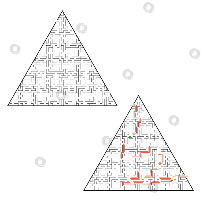 Скачать Сложный треугольный лабиринт. Игра для детей и взрослых. Головоломка для детей. Один вход, один выход. Головоломка-лабиринт. Плоская векторная иллюстрация, изолированная на белом фоне. С ответом. фотосток Ozero