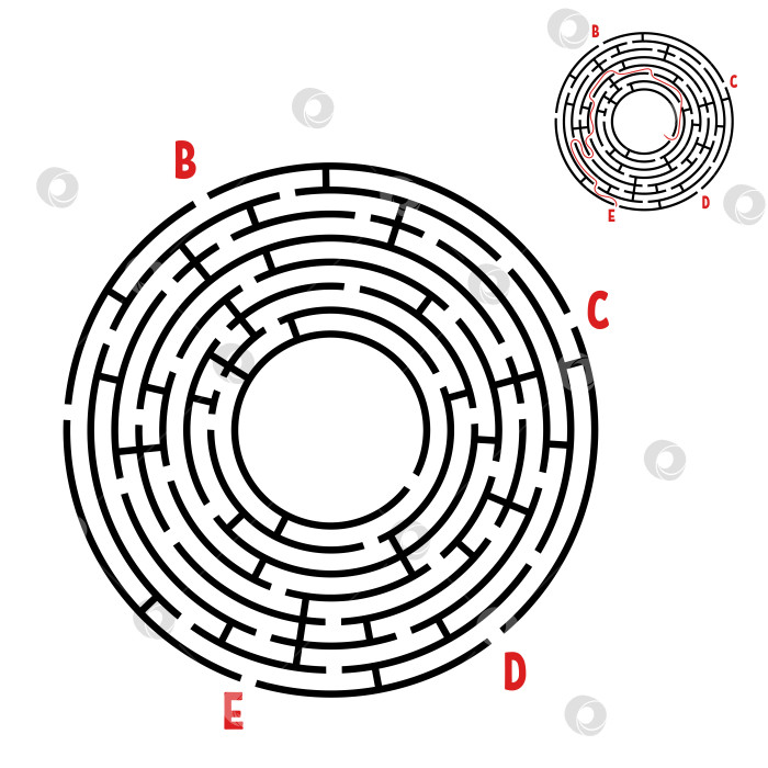 Скачать Абстрактный круглый лабиринт. Игра для детей. Головоломка для детей. Найдите правильный путь. Головоломка-лабиринт. Плоская векторная иллюстрация, изолированная на белом фоне. С ответом. С местом для вашего изображения. фотосток Ozero