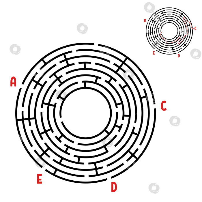 Скачать Абстрактный круглый лабиринт. Игра для детей. Головоломка для детей. Найдите правильный путь. Головоломка-лабиринт. Плоская векторная иллюстрация, изолированная на белом фоне. С ответом. С местом для вашего изображения. фотосток Ozero