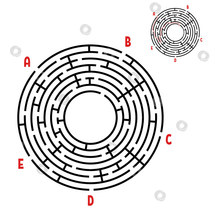 Скачать Абстрактный круглый лабиринт. Игра для детей. Головоломка для детей. Найдите правильный путь. Головоломка-лабиринт. Плоская векторная иллюстрация, изолированная на белом фоне. С ответом. С местом для вашего изображения. фотосток Ozero