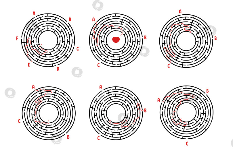Скачать Набор круглых лабиринтов. Игра для детей. Головоломка для детей. Головоломка-лабиринт. Плоская векторная иллюстрация, изолированная на белом фоне. С ответом. фотосток Ozero