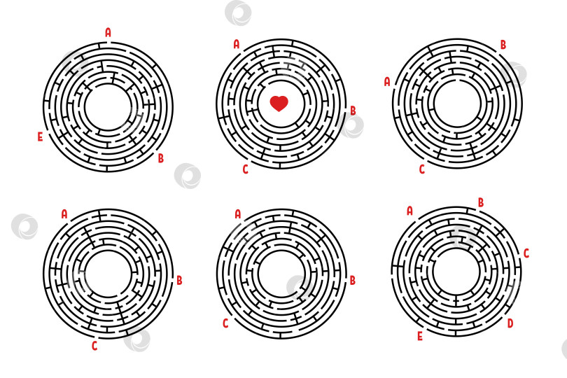 Скачать Набор круглых лабиринтов. Игра для детей. Головоломка для детей. Головоломка-лабиринт. Плоская векторная иллюстрация, изолированная на белом фоне. фотосток Ozero