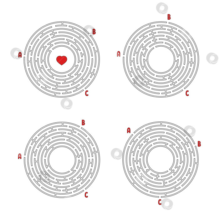 Скачать Набор круглых лабиринтов. Игра для детей. Головоломка для детей. Головоломка-лабиринт. Плоская векторная иллюстрация, изолированная на белом фоне. фотосток Ozero