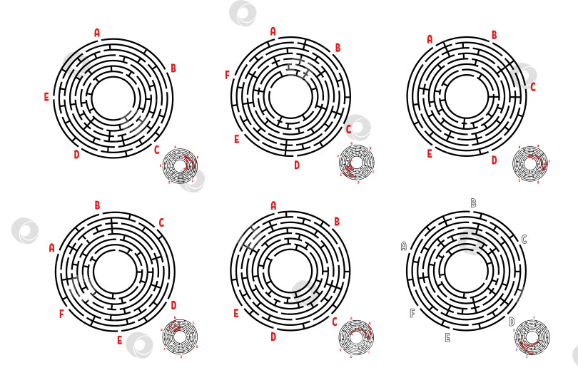 Скачать Набор круглых лабиринтов. Игра для детей. Головоломка для детей. Головоломка-лабиринт. Плоская векторная иллюстрация, изолированная на белом фоне. фотосток Ozero