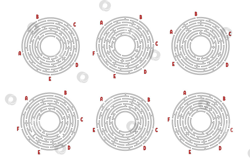 Скачать Набор круглых лабиринтов. Игра для детей. Головоломка для детей. Головоломка-лабиринт. Плоская векторная иллюстрация, изолированная на белом фоне. фотосток Ozero