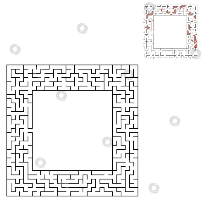 Скачать Черный квадратный лабиринт с входом и выходом. Интересная и полезная игра для детей. Простая плоская векторная иллюстрация, выделенная на белом фоне. С местом для ваших рисунков. С ответом. фотосток Ozero