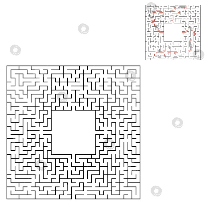 Скачать Черный квадратный лабиринт с входом и выходом. Интересная и полезная игра для детей. Простая плоская векторная иллюстрация, выделенная на белом фоне. С местом для ваших рисунков. С ответом. фотосток Ozero
