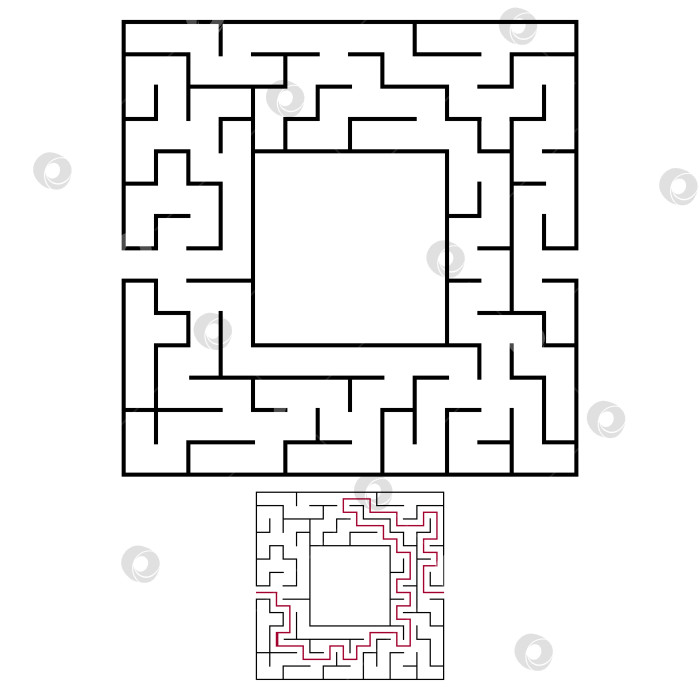 Скачать Черный квадратный лабиринт с входом и выходом. Интересная и полезная игра для детей. Простая плоская векторная иллюстрация, выделенная на белом фоне. С местом для ваших рисунков. С ответом. фотосток Ozero