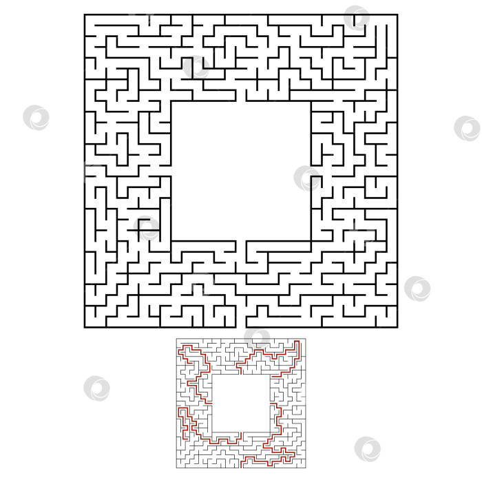 Скачать Черный квадратный лабиринт с входом и выходом. Интересная и полезная игра для детей. Простая плоская векторная иллюстрация, выделенная на белом фоне. С местом для ваших рисунков. С ответом. фотосток Ozero