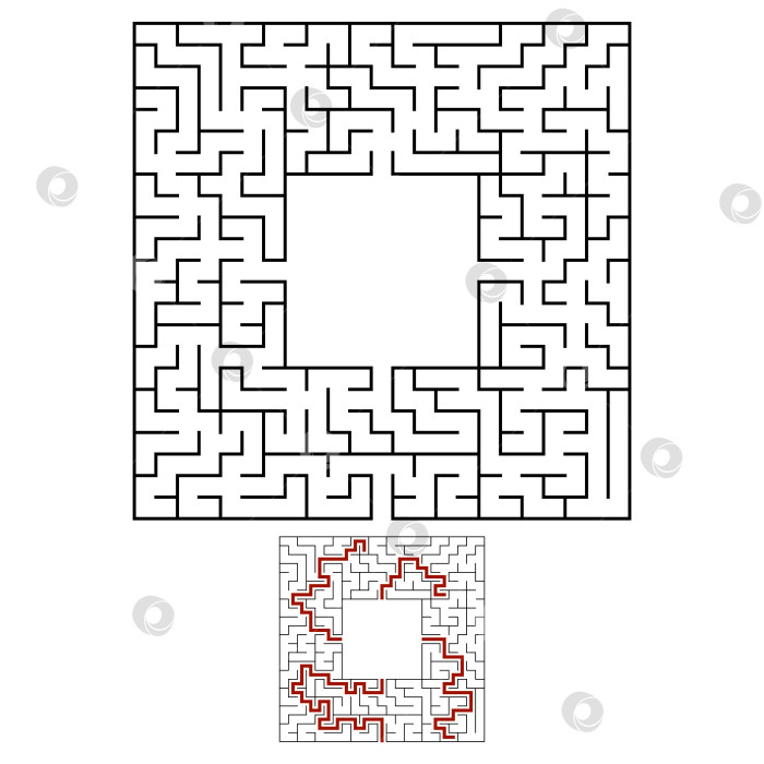Скачать Черный квадратный лабиринт с входом и выходом. Интересная и полезная игра для детей. Простая плоская векторная иллюстрация, выделенная на белом фоне. С местом для ваших рисунков. С ответом. фотосток Ozero