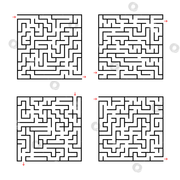 Скачать Набор квадратных лабиринтов. Игра для детей. Головоломка для детей. Головоломка-лабиринт. Плоская векторная иллюстрация, изолированная на белом фоне. фотосток Ozero