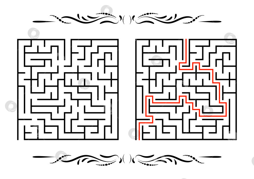 Скачать Абстрактный квадратный лабиринт. Игра для детей. Головоломка для детей. Один вход, один выход. Головоломка-лабиринт. Плоская векторная иллюстрация, изолированная на белом фоне. С ответом. С винтажной рамкой фотосток Ozero