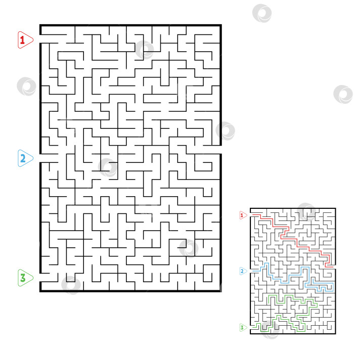 Скачать Абстрактный прямоугольный большой лабиринт. Игра для детей. Головоломка для детей. Три входа, один выход. Головоломка-лабиринт. Плоская векторная иллюстрация, изолированная на белом фоне. С ответом. фотосток Ozero