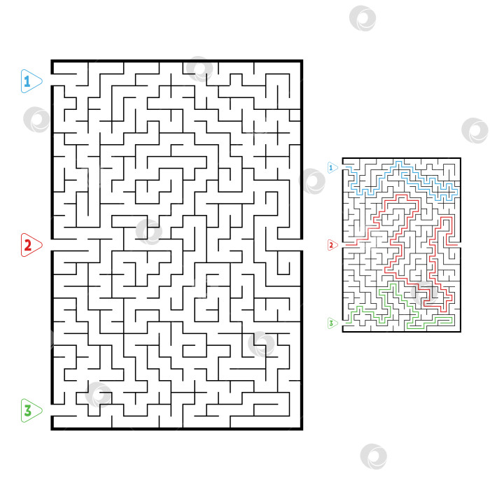 Скачать Абстрактный прямоугольный большой лабиринт. Игра для детей. Головоломка для детей. Три входа, один выход. Головоломка-лабиринт. Плоская векторная иллюстрация, изолированная на белом фоне. С ответом. фотосток Ozero