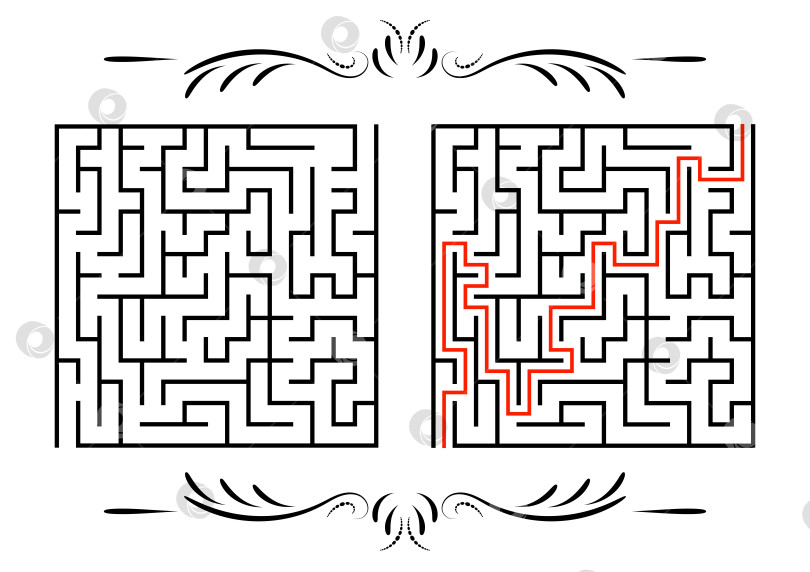 Скачать Абстрактный квадратный лабиринт. Игра для детей. Головоломка для детей. Один вход, один выход. Головоломка-лабиринт. Плоская векторная иллюстрация, изолированная на белом фоне. С ответом. С винтажной рамкой фотосток Ozero