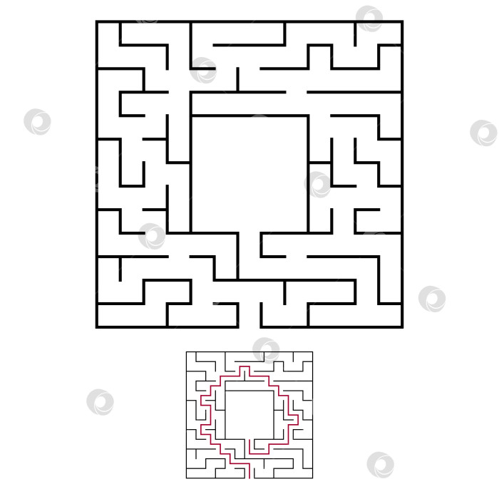 Скачать Черный квадратный лабиринт с входом и выходом. Интересная и полезная игра для детей. Простая плоская векторная иллюстрация, выделенная на белом фоне. С местом для ваших рисунков. С ответом. фотосток Ozero
