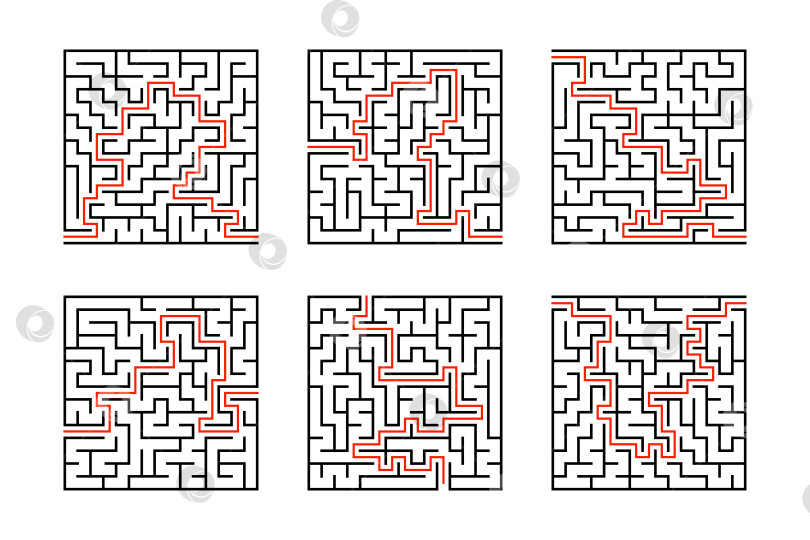 Скачать Набор квадратных лабиринтов. Игра для детей. Головоломка для детей. Головоломка-лабиринт. Плоская векторная иллюстрация, изолированная на белом фоне. С ответом. фотосток Ozero