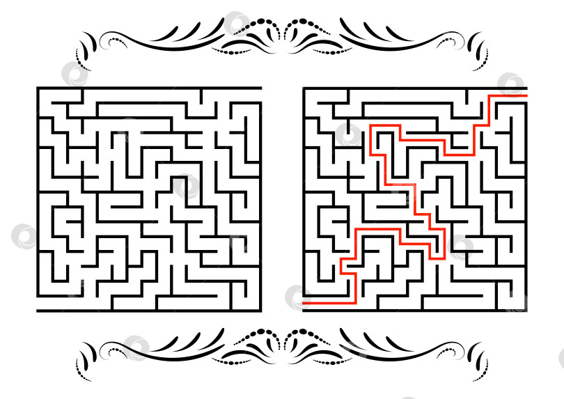 Скачать Абстрактный квадратный лабиринт. Игра для детей. Головоломка для детей. Один вход, один выход. Головоломка-лабиринт. Плоская векторная иллюстрация, изолированная на белом фоне. С ответом. С винтажной рамкой фотосток Ozero